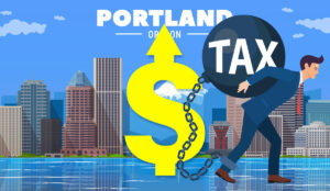 Rising taxes - Illustration of a man carrying a ball and chain labeled tax in front of Portland skyline