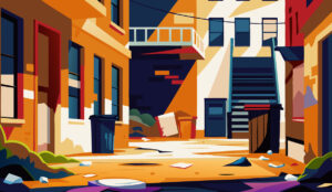 Gritty alleyway between worn orange buildings shows urban density with hanging laundry and fire escapes. Dramatic shadows create moody atmosphere in neglected city corner.