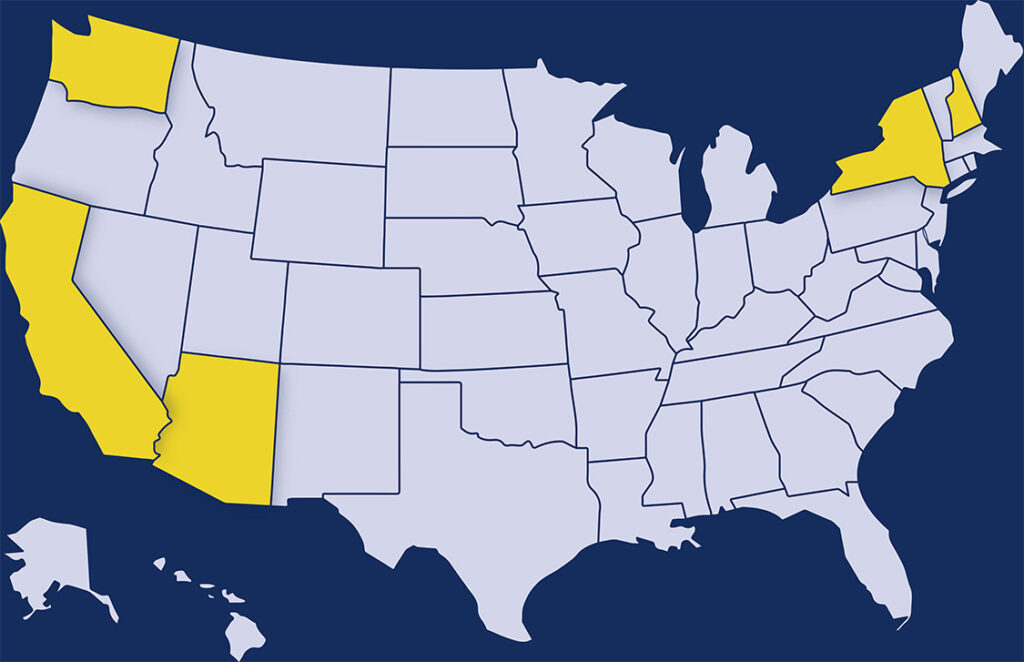 map of the USA with several states highlighted